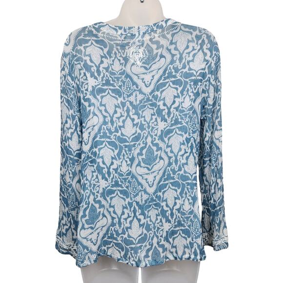 Chico's Blouse Womens Size 1 US M/8 Blue White Silk Embroidery Trim Sheer - Picture 2 of 11